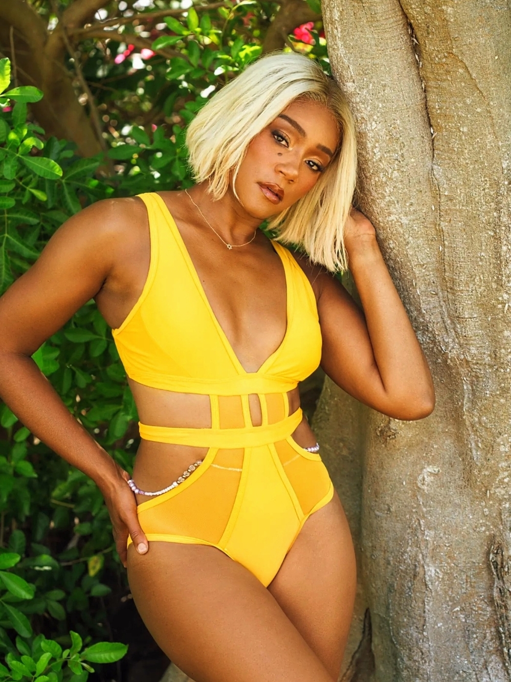 MATTESwim Mesh Cutout Monokini In Rich Yellow With FREE Flower Poncho Sz. M/OS